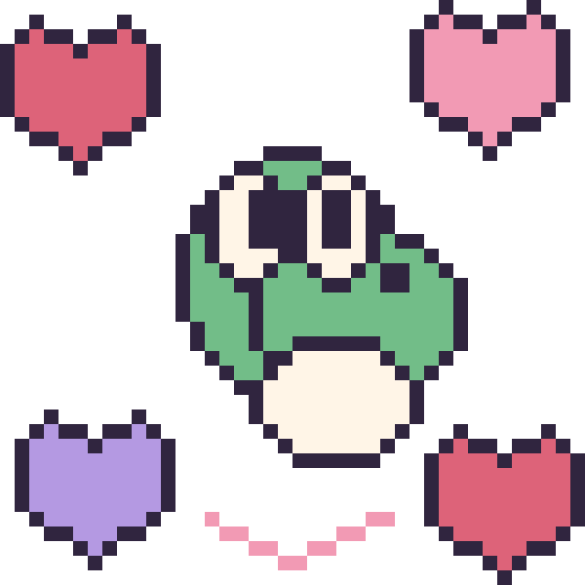 Modèle de pixel art Yoshi avec des cœurs sur une grille de 40 par 40 cases