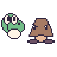 Pixel art Yoshi et Goomba, grille 48 × 48