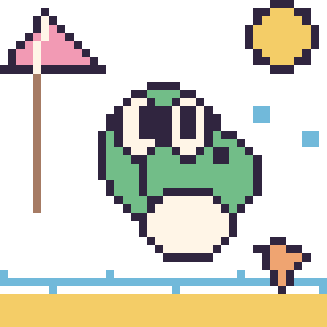Modèle de pixel art Yoshi à la plage sur une grille de 40 par 40 cases
