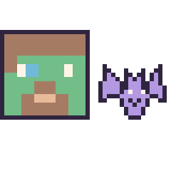 Pixel art Zombie Minecraft et Chauve-souris kawaii 16 × 16, grille 40 × 40