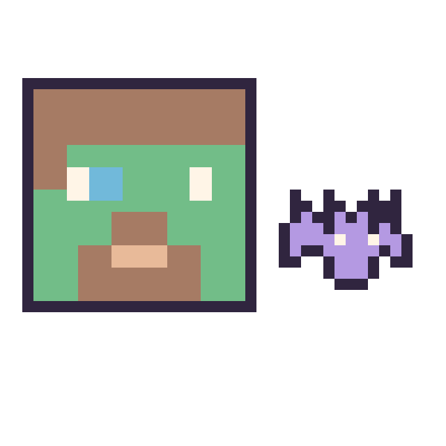 Modèle de pixel art Zombie Minecraft et Chauve-souris simple 12 × 12 sur une grille de 40 par 40 cases