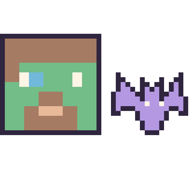 Modèle de pixel art Zombie Minecraft et Chauve-souris simple 16 × 16 sur une grille de 40 par 40 cases