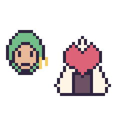 Pixel art Zoro mini et Onigiri avec un cœur, grille 40 × 40