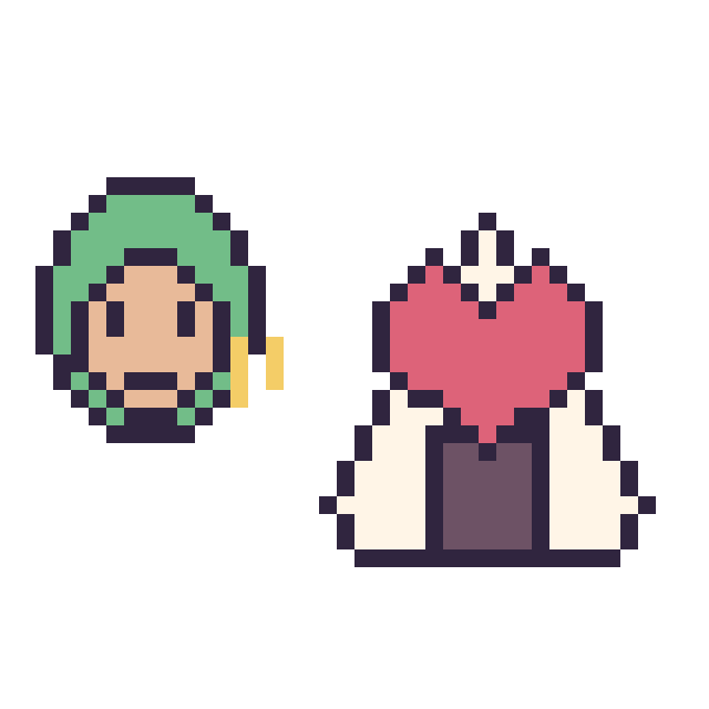 Modèle de pixel art Zoro mini et Onigiri avec un cœur sur une grille de 40 par 40 cases