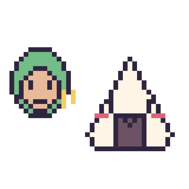 Modèle de pixel art Zoro mini et Onigiri kawaii sur une grille de 40 par 40 cases