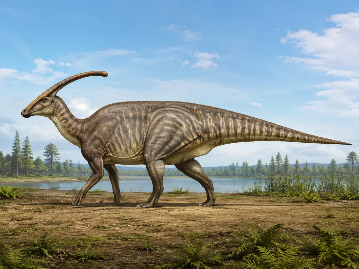 Illustration pour la question : Quel dinosaure possédait une longue crête tubulaire sur la tête ?