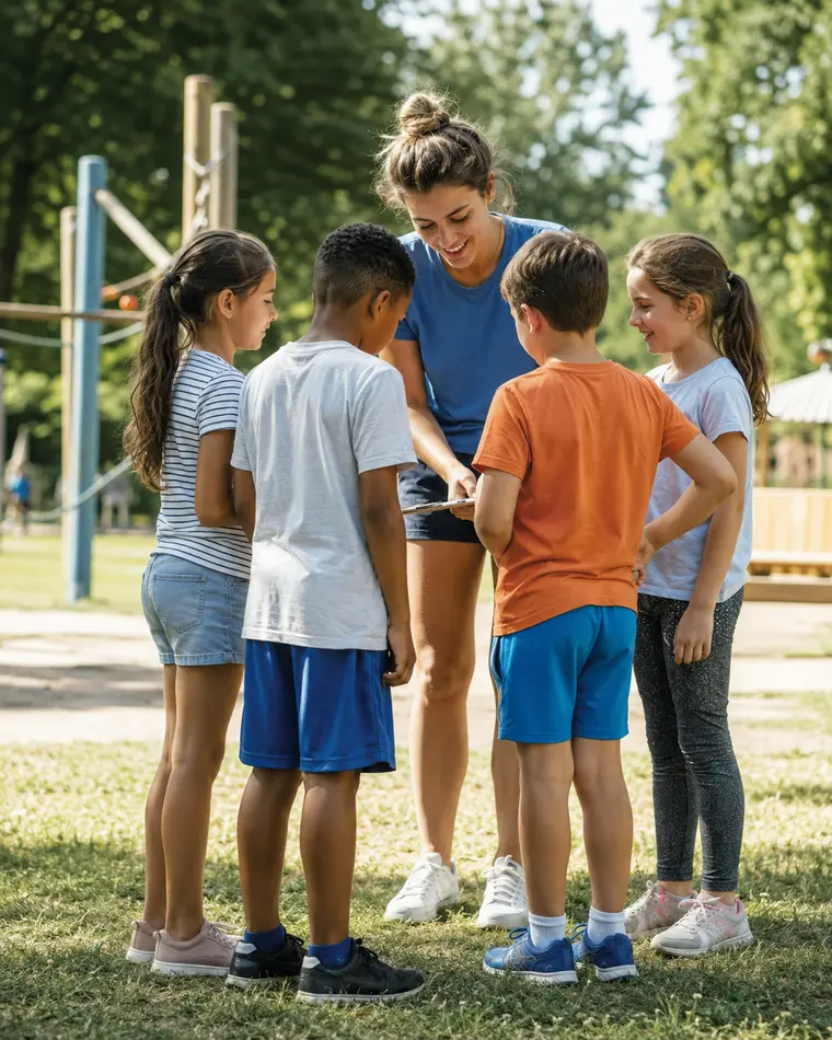 Animatrice accompagnant des enfants pendant une activité