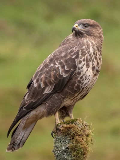 Buse variable brune posée sur un piquet couvert de mousse.