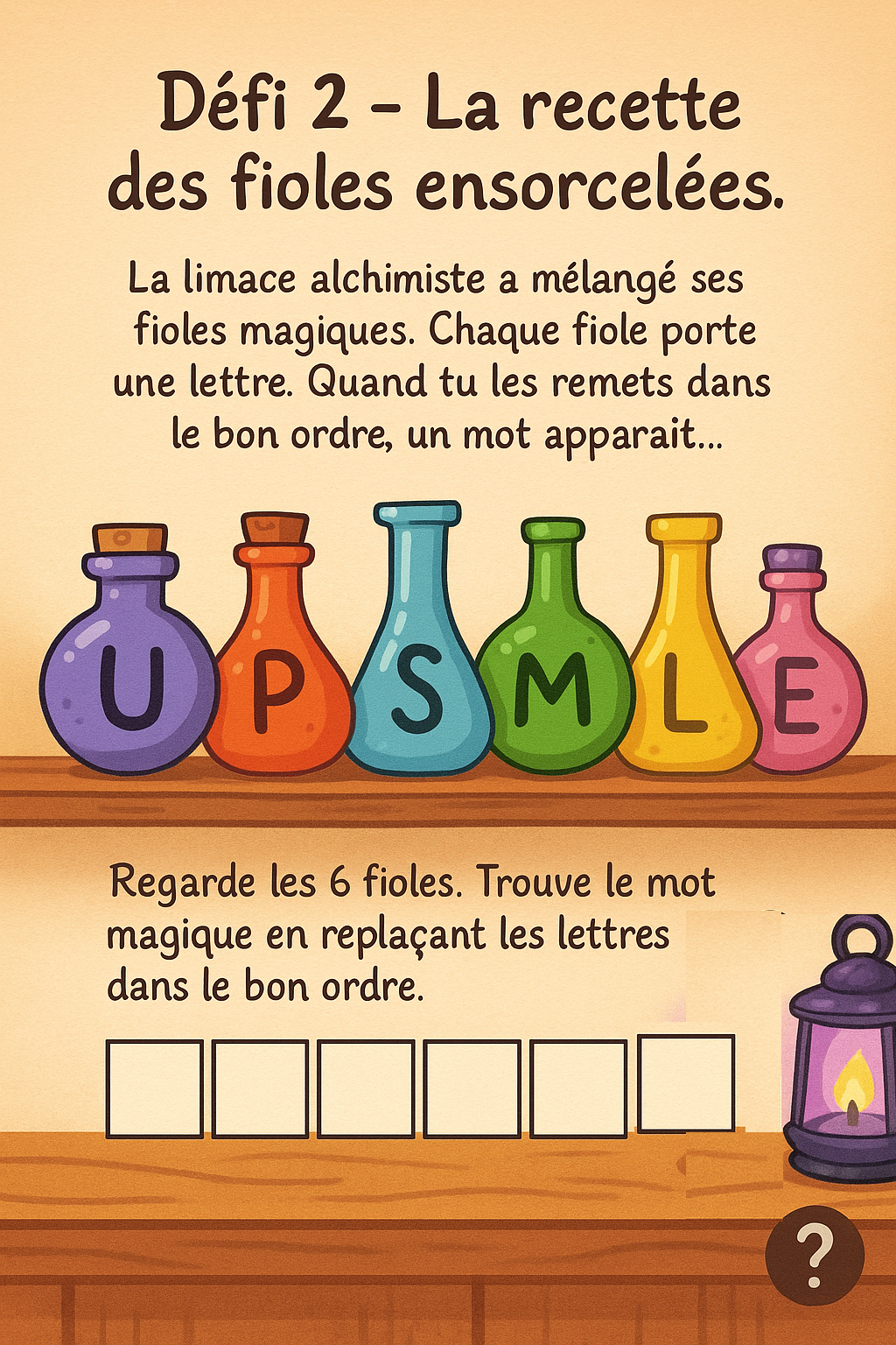 Énigme des fioles colorées avec lettres mélangées